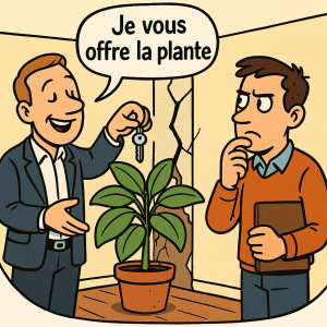 Vendeur tend les clés et « offre la plante » cachant une fissure ; acheteur suspicieux — les vices cachés immobiliers