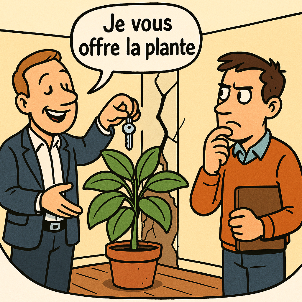 Vendeur tend les clés et « offre la plante » cachant une fissure ; acheteur suspicieux — vice caché immobilier