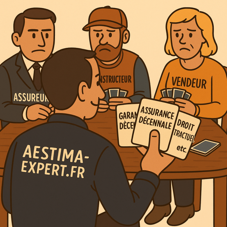 Illustration humoristique d’un expert jouant aux cartes avec constructeur, vendeur et assureur, mettant en avant la garantie décennale.