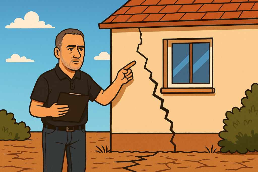 Expert bâtiment inspectant une fissure en escalier sur la façade d’une maison après sécheresse